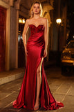 Red Strapless Mermaid Satin Ruched Prom Dress