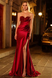 Red Strapless Mermaid Satin Ruched Prom Dress