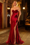 Red Strapless Mermaid Satin Ruched Prom Dress