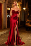 Red Strapless Mermaid Satin Ruched Prom Dress