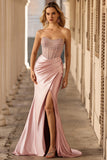 Strapless Blush Corset Satin Mermaid Prom Dress