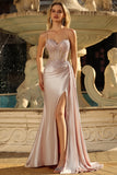 Champagne Corset Satin Mermaid Prom Dress with Side Cape