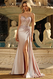 Champagne Corset Satin Mermaid Prom Dress with Side Cape