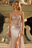 Champagne Corset Satin Mermaid Prom Dress with Side Cape