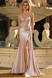 Champagne Corset Satin Mermaid Prom Dress with Side Cape