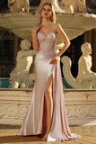 Champagne Corset Satin Mermaid Prom Dress with Side Cape