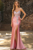 Blush Mermaid Sequin Ruched Satin Long Prom Dress with Slit