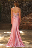 Blush Mermaid Sequin Ruched Satin Long Prom Dress with Slit