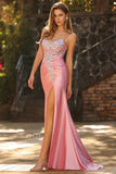 Blush Mermaid Sequin Ruched Satin Long Prom Dress with Slit