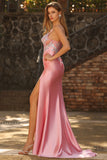 Blush Mermaid Sequin Ruched Satin Long Prom Dress with Slit
