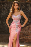 Blush Mermaid Sequin Ruched Satin Long Prom Dress with Slit