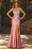 Blush Mermaid Sequin Ruched Satin Long Prom Dress with Slit
