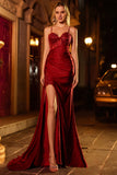Sparkly Burgundy Ruched Prom Dress with Side Cape