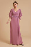 Dusty Rose A Line Flutter Sleeve Chiffon Wedding Guest Dress with Appliques