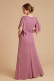 Dusty Rose A Line Flutter Sleeve Chiffon Wedding Guest Dress with Appliques