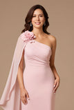 Candy Pink One Shoulder Chiffon Wedding Guest Dress with Streamer