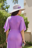 Purple Ruched V Neck Midi Wedding Guest Dress with Flutter Sleeves