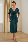 Pine Sheath V Neck Ruched Midi Mother Of The Bride Dress