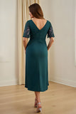 Pine Sheath V Neck Ruched Midi Mother Of The Bride Dress