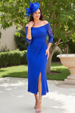 Royal Blue Lace Off the Shoulder Ruched Sheath Wedding Guest Dress