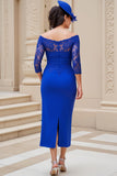 Royal Blue Lace Off the Shoulder Ruched Sheath Wedding Guest Dress