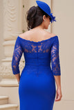 Royal Blue Lace Off the Shoulder Ruched Sheath Wedding Guest Dress