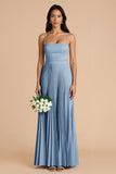Sky Blue A Line Pleated Spaghetti Straps Long Bridesmaid Dress