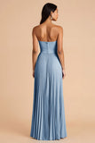 Sky Blue A Line Pleated Spaghetti Straps Long Bridesmaid Dress