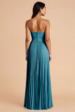 Sky Blue A Line Pleated Spaghetti Straps Long Bridesmaid Dress