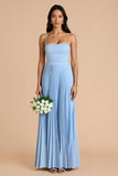 Sky Blue A Line Pleated Spaghetti Straps Long Bridesmaid Dress