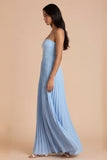 Sky Blue A Line Pleated Spaghetti Straps Long Bridesmaid Dress