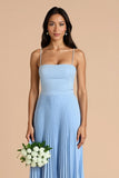 Sky Blue A Line Pleated Spaghetti Straps Long Bridesmaid Dress