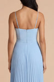 Sky Blue A Line Pleated Spaghetti Straps Long Bridesmaid Dress