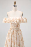 Pink Floral A-Line Off The Shoulder Chiffon Long Bridesmaid Dress with Ruffles