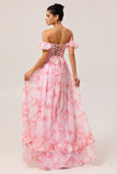 Pink Floral A-Line Off The Shoulder Chiffon Long Bridesmaid Dress with Ruffles