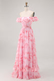 Pink Floral A-Line Off The Shoulder Chiffon Long Bridesmaid Dress with Ruffles