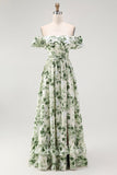 White Green Leaf A-Line Off The Shoulder Print Bridesmaid Dress with Ruffles