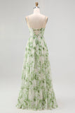 Floral Green A-Line Spaghetti Strap Chiffon Long Bridesmaid Dress with Slit