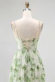 Floral Green A-Line Spaghetti Strap Chiffon Long Bridesmaid Dress with Slit