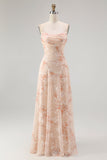 A-Line Champagne Floral Burnout Cowl Neck Maxi Dress with Lace Up Back