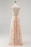 A-Line Champagne Floral Burnout Cowl Neck Maxi Dress with Lace Up Back