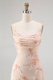A-Line Champagne Floral Burnout Cowl Neck Maxi Dress with Lace Up Back