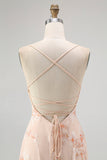 A-Line Champagne Floral Burnout Cowl Neck Maxi Dress with Lace Up Back