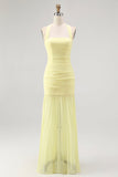 Sunshine Yellow Halter-Neck Chiffon Draped Long Bridesmaid Dress