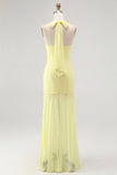 Sunshine Yellow Halter-Neck Chiffon Draped Long Bridesmaid Dress