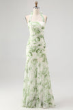 Green Halter-Neck Tie-Back Backless Pleated Floral Maxi Dress