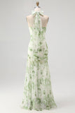 Green Halter-Neck Tie-Back Backless Pleated Floral Maxi Dress