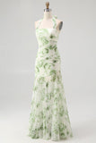 Green Halter-Neck Tie-Back Backless Pleated Floral Maxi Dress