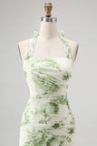 Green Halter-Neck Tie-Back Backless Pleated Floral Maxi Dress