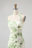 Green Halter-Neck Tie-Back Backless Pleated Floral Maxi Dress